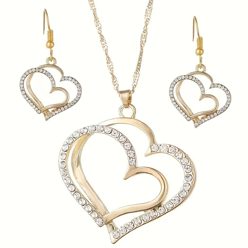 Sparkling Rhinestone Double-layer Heart-shaped Pendant Necklace Set
