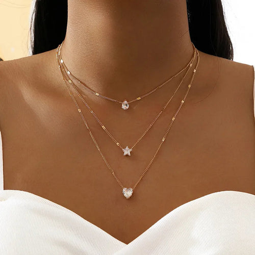 Exquisite Sparkling Water Drop Star Rhinestone Pendant Necklace