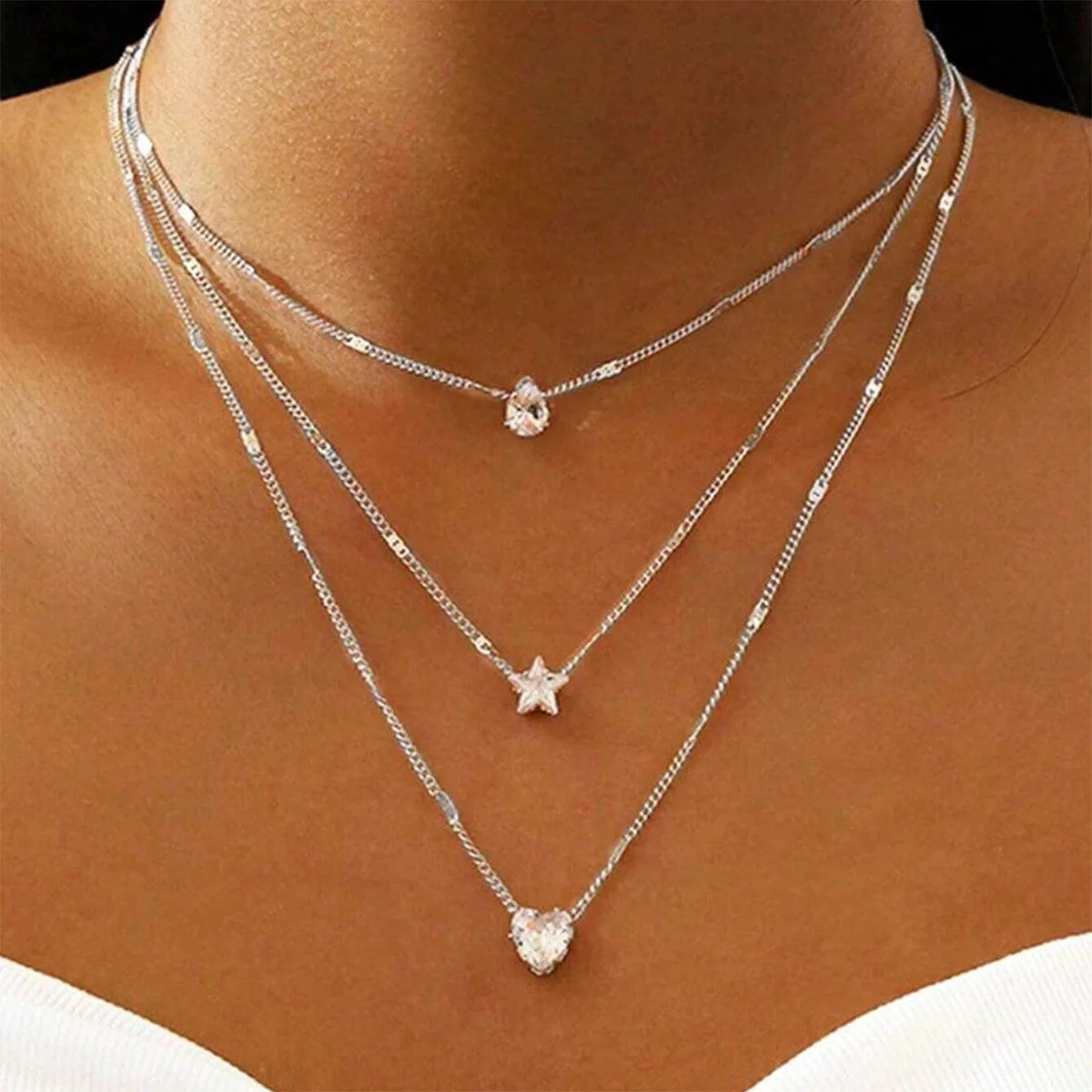 Exquisite Sparkling Water Drop Star Rhinestone Pendant Necklace