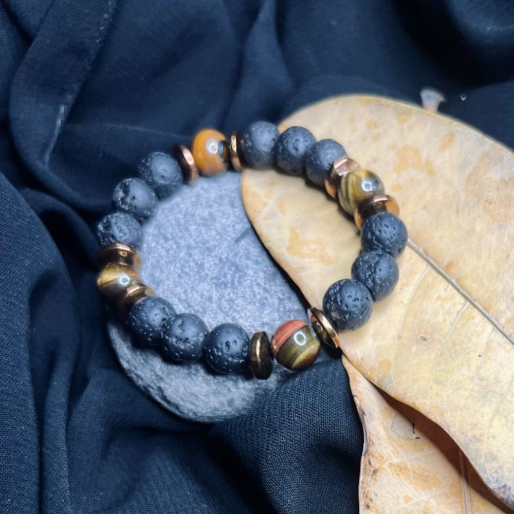 Black Lava & Tiger Eye Stone Bracelet with Copper Spacer